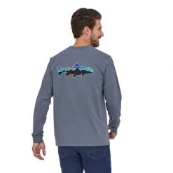 Patagonia Men's Long-Sleeved Fitz Roy Trout Responsibili-Tee / Navy Blue -Flugor säljbutik patagonia ls 3 1